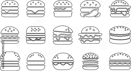 Burger fast food icon set collection group in black line style featuring sandwich, hamburger, cheeseburger, snack, meal, cuisine, deli, and food related synonym elements for restaurant branding 