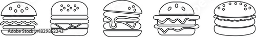 Burger fast food icon set collection group in black line style featuring sandwich, hamburger, cheeseburger, snack, meal, cuisine, deli, and food related synonym elements for restaurant branding 