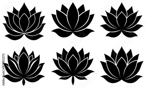 Elegant lotus flower icons collection for wellness brands, spa designs, and spiritual retreats, symbol of purity, enlightenment, and rebirth in vector style