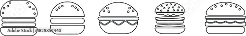 Burger fast food icon set collection group in black line style featuring sandwich, hamburger, cheeseburger, snack, meal, cuisine, deli, and food related synonym elements for restaurant branding 