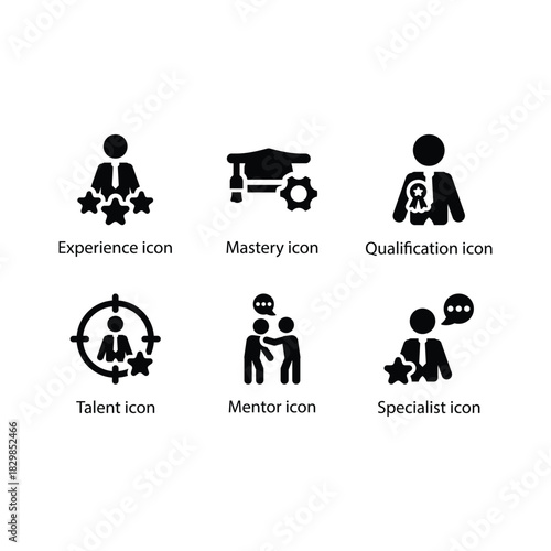 Experience, Mastery, Qualification, Talent, Mentor, Specialist, Black Icon Set