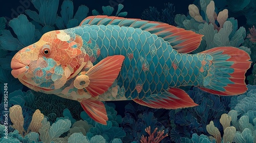 Fototapeta Naklejka Na Ścianę i Meble -  Colorful parrotfish vector artwork surrounded coral reefs tropical underwater wildlife clean vibrant illustration