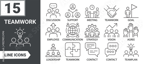 Teamwork Line Icons Set for Collaboration, Communication, Strategy & Leadership Sheet Vector Illustration