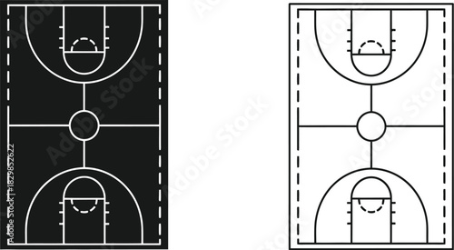 Basketball court diagrams black and white top down views for design