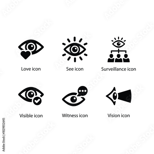 Love, See, Surveillance, Visible, Witness, Vision, Black Icon Set
