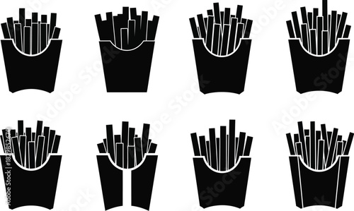 Eight black silhouettes of french fries in paper containers