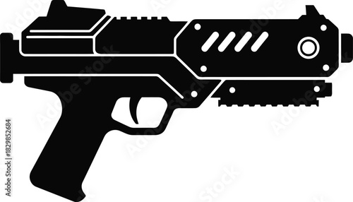 A sleek black silhouette of a futuristic sci fi blaster weapon