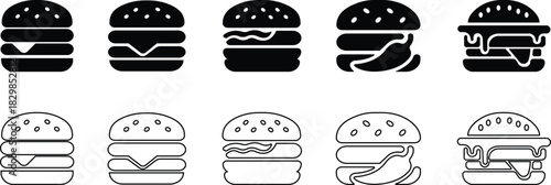 Burger fast food icon set collection group in black flat line style featuring sandwich, hamburger, cheeseburger, snack, meal, cuisine, deli, and food related synonym elements for restaurant branding 