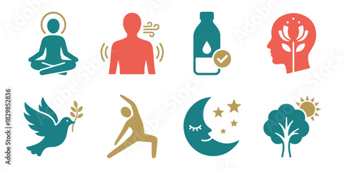 Wellness and self care icons mindfulness relaxation health and nature elements