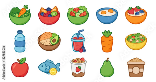 Healthy food assortment colorful illustrated icons for nutrition concepts