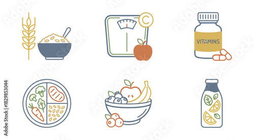 Healthy eating icons fruits vegetables grains vitamins and dieting symbols