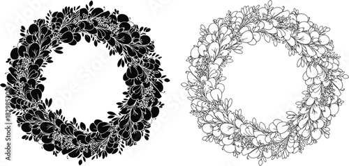 Two detailed floral wreaths one dark and one light presented in black and white