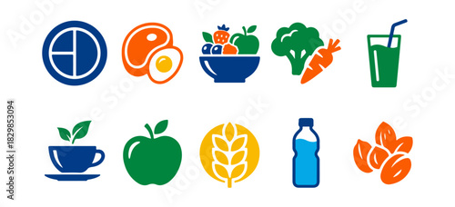 Healthy food icons representing nutrition and diet isolated on black background