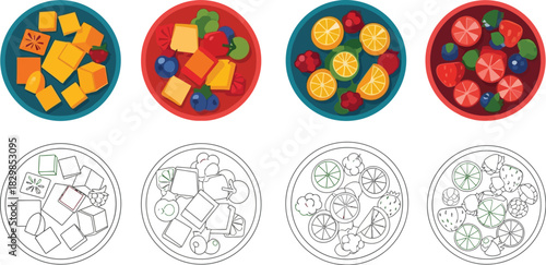 Four colorful bowls of diced fruit and their corresponding line art versions