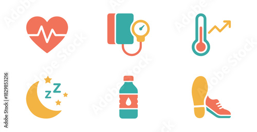 Health icons set heart blood pressure fever sleep water bottle running shoe