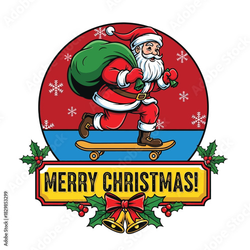 Santa claus riding a skateboard with a sack of gifts