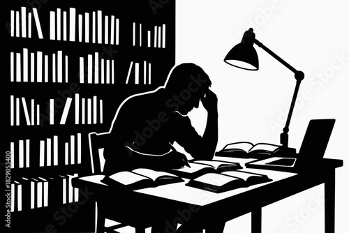 Silhouetted figure studies at a desk surrounded by books and a laptop, under a focused desk lamp.
