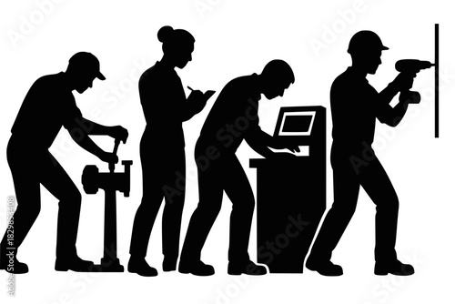 Four silhouetted figures perform tasks from machining to installation, illustrating a modern production process.