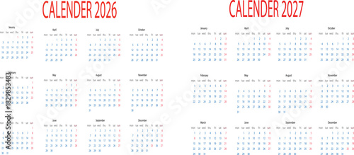 Calendar for the years 2026 and 2027 displayed side by side