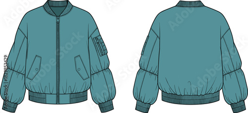 Oversized Volume Sleeve Bomber Jacket Technical Fashion Flat Sketch, Front and Back View, Teal Blue, Puffer Sleeves, Ribbed Hem and Cuffs, Zipper, Pocket Detail.