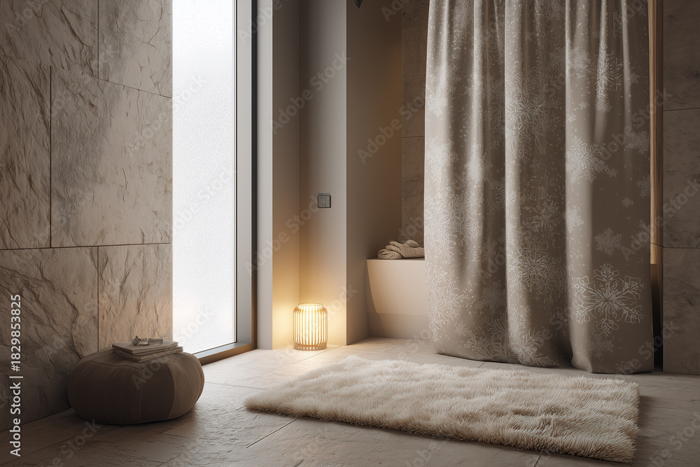 Fototapeta premium 겨울 무드의 따뜻한 욕실 인테리어와 샤워커튼