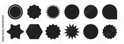 Set of black abstract badge shapes and starburst labels on white background for stickers and logos