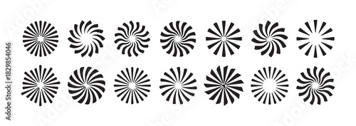 Collection of black sunburst and spiral swirl elements with radial rays, diverse starburst shapes