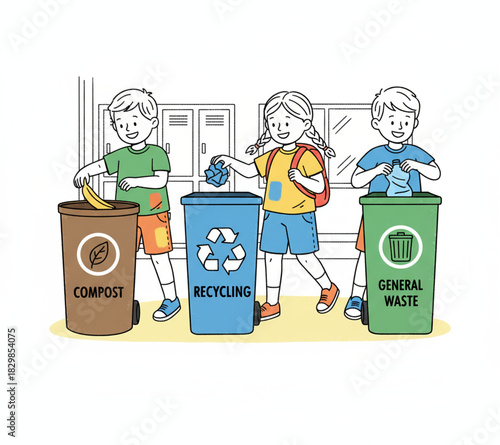 Children learning about waste management by sorting trash into compost, recycling, and general waste bins for a cleaner environment