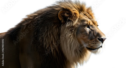 Majestic Male Lion in Profile on Pure White, Powerful and Elegant