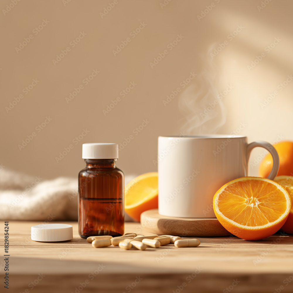 Obraz premium 따뜻한 차와 비타민 보충제, 오렌지 정물