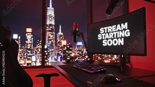 Stream Starting Soon - Gaming Setup with City View. Stream starting soon screen, overlay loop, animated virtual backgrounds, lo-fi gaming room view. vtuber asset twitch zoom OBS.