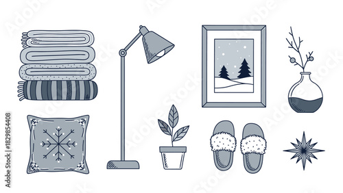 Cozy Winter Interior Scene with Textiles, Decor, and Warm Slippers for Comfort and Relaxation