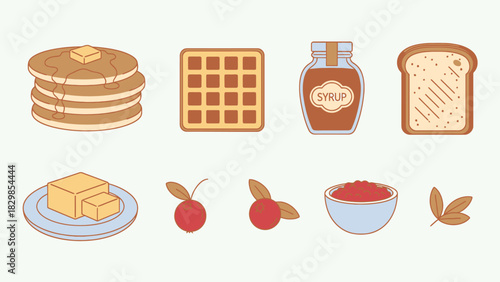 Delicious Breakfast Elements Featuring Pancakes, Waffle, Syrup, Toast, Butter, Cherries, and Nuts for Food Presentation or Culinary Promotion