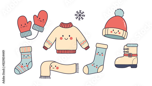 Cute Winter Accessories Collection Featuring Cozy Knit Sweaters, Warm Socks, Colorful Gloves, & Stylish Hats with Pom-Poms for Cold Weather Comfort