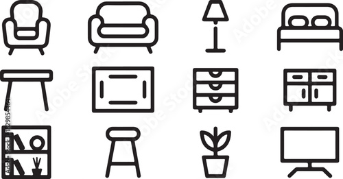 Minimalist Furniture Icon Set with Sofa Bed and Other Home Furnishings in Black and White