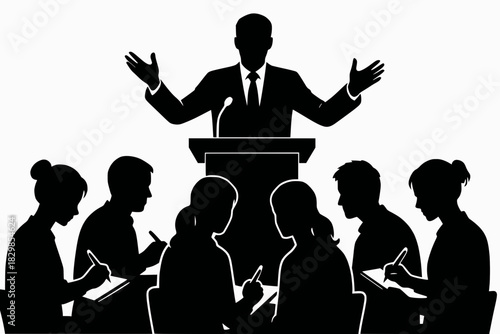 Silhouetted speaker addresses seated attendees in a classroom or seminar, evoking learning and public speaking.