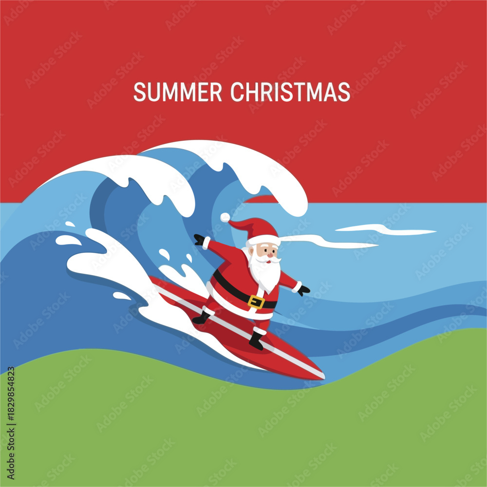 Naklejka premium Santa Claus surfing on a big ocean wave for a summer Christmas.