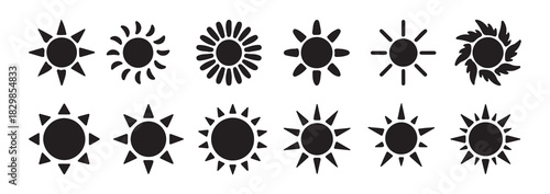 Set of sun icons, black and white color sun icon collection, various shapes of sun, cartoon and flat style sun symbol