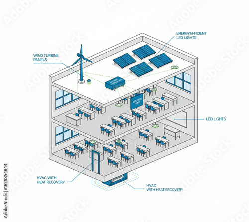 Eco-friendly smart building diagram with renewable energy systems, illustrating solar power, wind generation, and efficient climate control