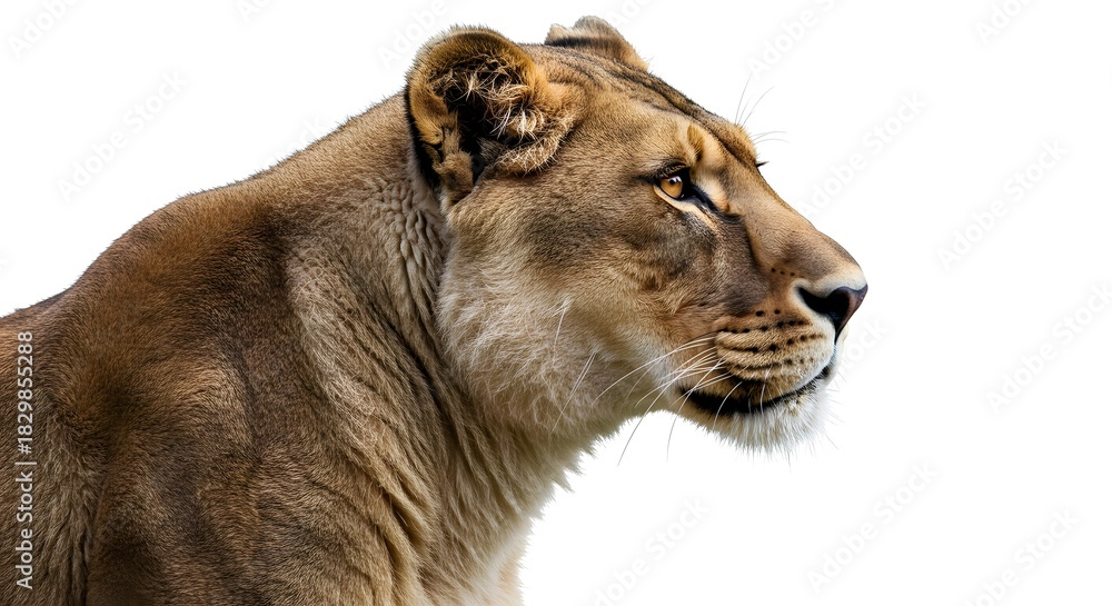 Obraz premium Elegant Lioness Profile with a Dignified and Serene Gaze on a White Background