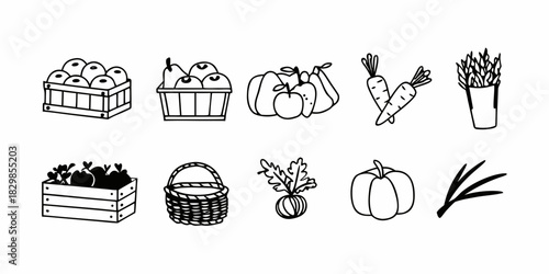 Set of hand-drawn vegetable and fruit icons, featuring carrots, pumpkins, asparagus, and baskets, perfect for culinary and agricultural themes