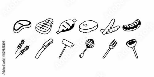 Essential Grilling and Barbecue Icons A Vector Collection of Outline Food Items and Utensils for Outdoor Cooking, Menus, and Culinary Designs