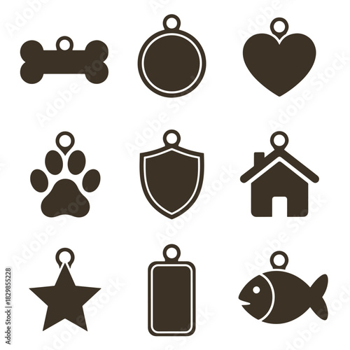 Collection of nine dark brown pet I D tag icons on white background bone circle