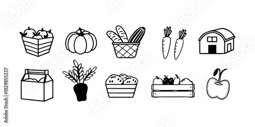 Harvest icons featuring pumpkins, carrots, bread, apples, and barn illustrations