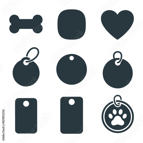 Collection of nine dark grey pet tags and icons on white background bone