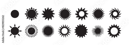 Set of sun icons, collection of various sun shapes, simple weather symbols, summer and heat solar signs