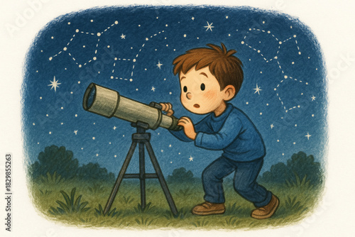 A young child observes the night sky through a telescope, surrounded by stars and dotted constellations.