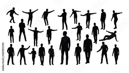 Collection of men silhouettes in diverse poses isolated on white background, Vector