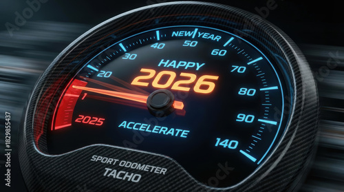 Happy 2026 accelerate future transition progress advancement as speedometer concept celebrating New Year momentum and motion moving to the year 2026 Concept