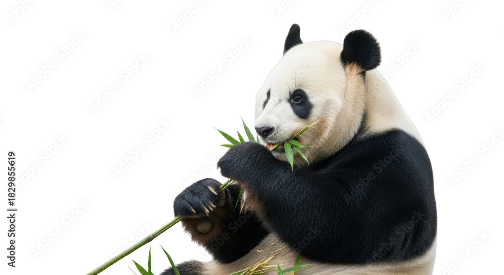 Fototapeta premium Giant panda bear eating bamboo shoots isolated PNG with Transparent Background
